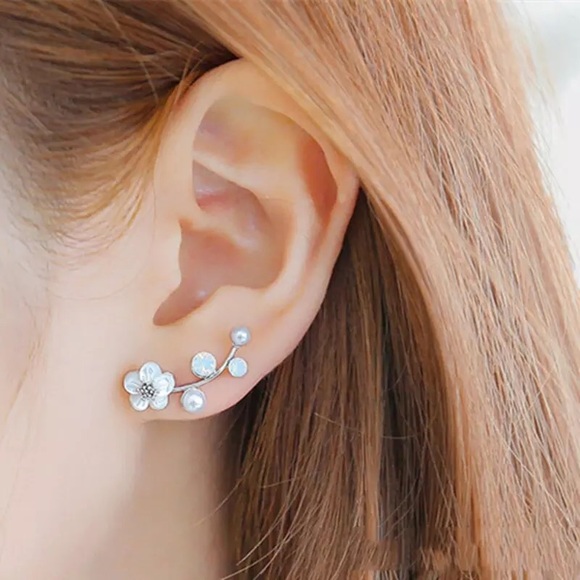 “Floral Dreams” Japanese Cherry Blossom Minimalist Spring Pearl/Diamond Earrings - Picture 8 of 8